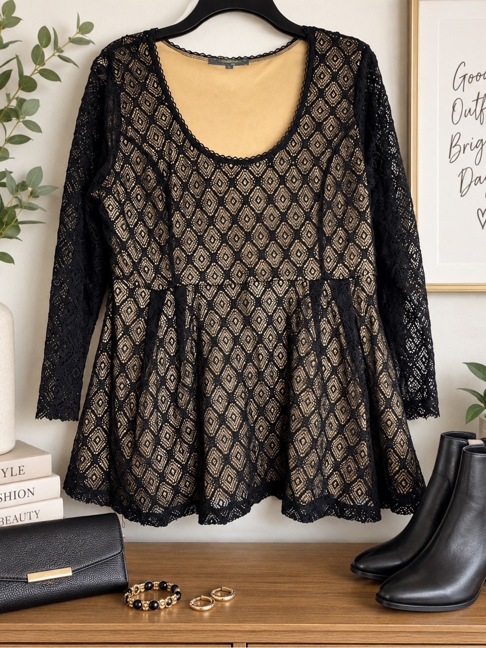 Catherine Malandrino Black Lace Peplum Tunic with Lining